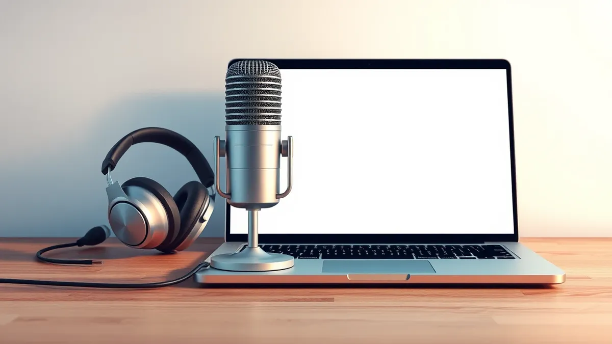 Illustration: A sleek silver microphone sits on a wooden desk beside a pair of noise-canceling headphones.