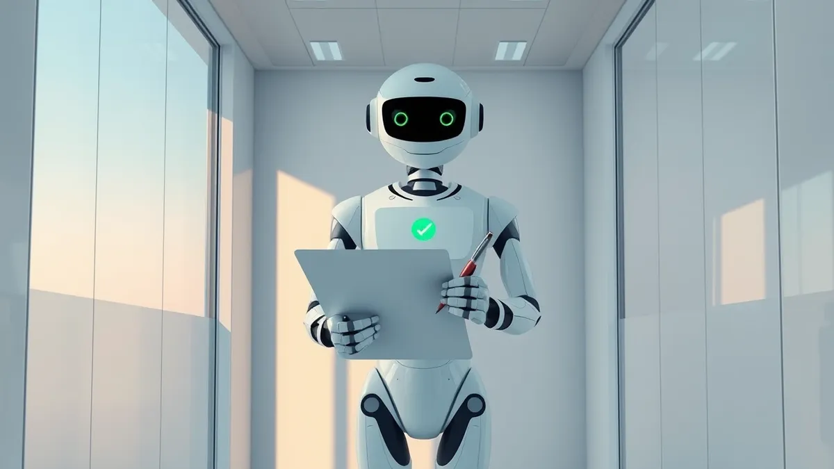 Illustration: A sleek, white autonomous robot stands inside a sterile office cubicle.