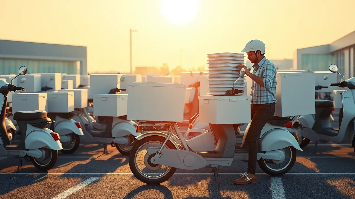 Illustration: A fleet of white delivery scooters with large insulated boxes parked in an office parking lot.