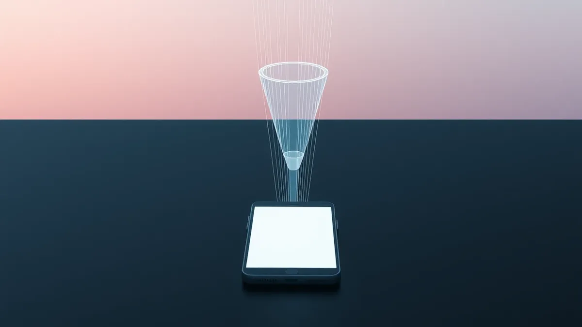 Illustration: A sleek smartphone rests on a dark desk, its blank screen glowing softly.