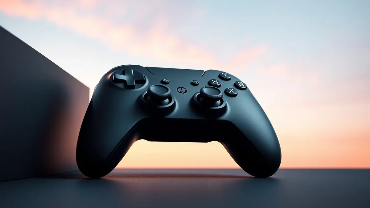 Illustration: A sleek black video game controller rests on a dark surface, highlighting its textured analog sticks and ergonomic grips.