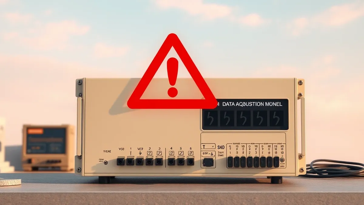 Illustration: A beige industrial data acquisition module sits on a workbench, its row of terminal blocks exposed.