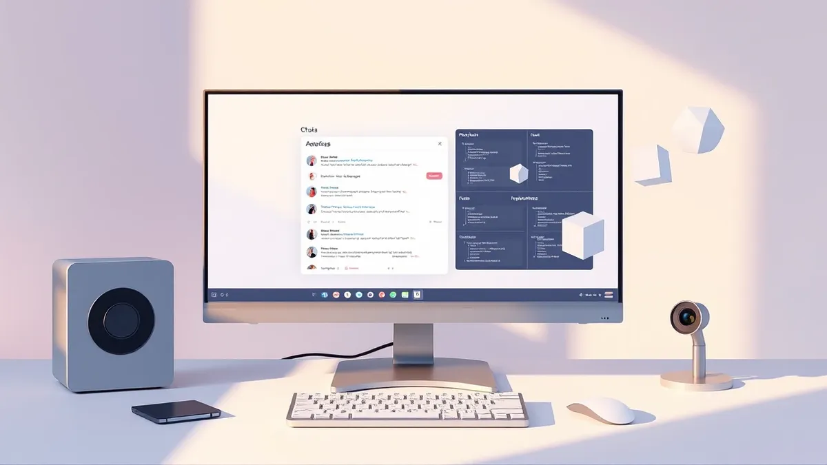Illustration: A sleek desktop computer monitor displays a clean interface with a central chat panel and surrounding project modules.