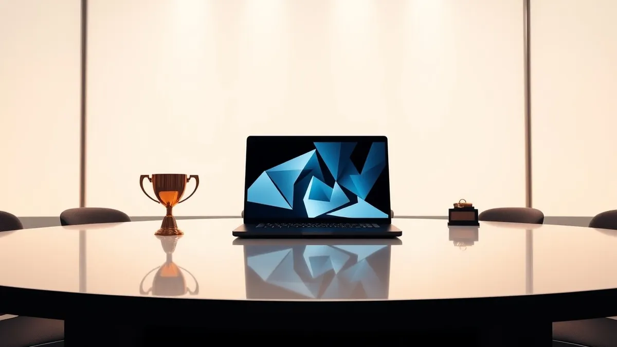 Illustration: A sleek black laptop sits on a polished conference table, its screen glowing with abstract geometric shapes.