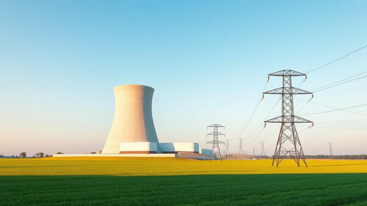 Illustration: A sleek, modern nuclear power plant with a large cooling tower sits in a green Indiana field.