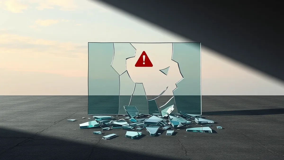 Illustration: A shattered glass pane lies in fragments on a dark concrete floor, with a single red warning icon hovering above the debris.