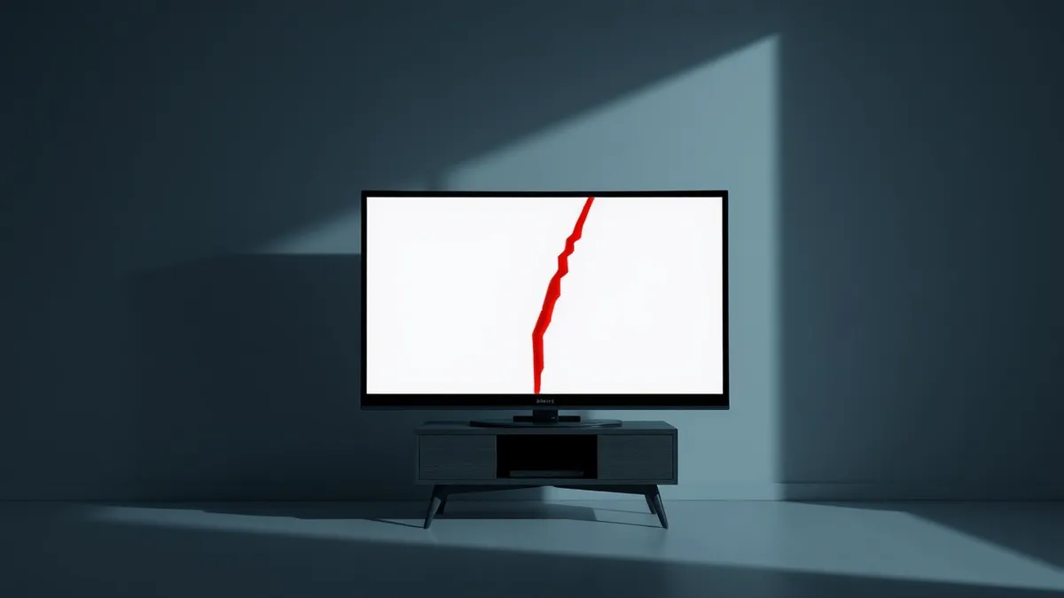 Illustration: A black flat-screen television sits on a simple wooden stand in a dim room.