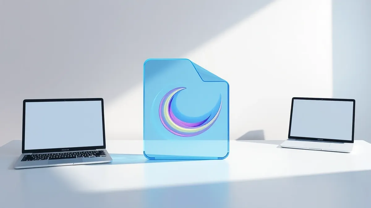 Illustration: A translucent blue computer file icon sits on a white desk surface.