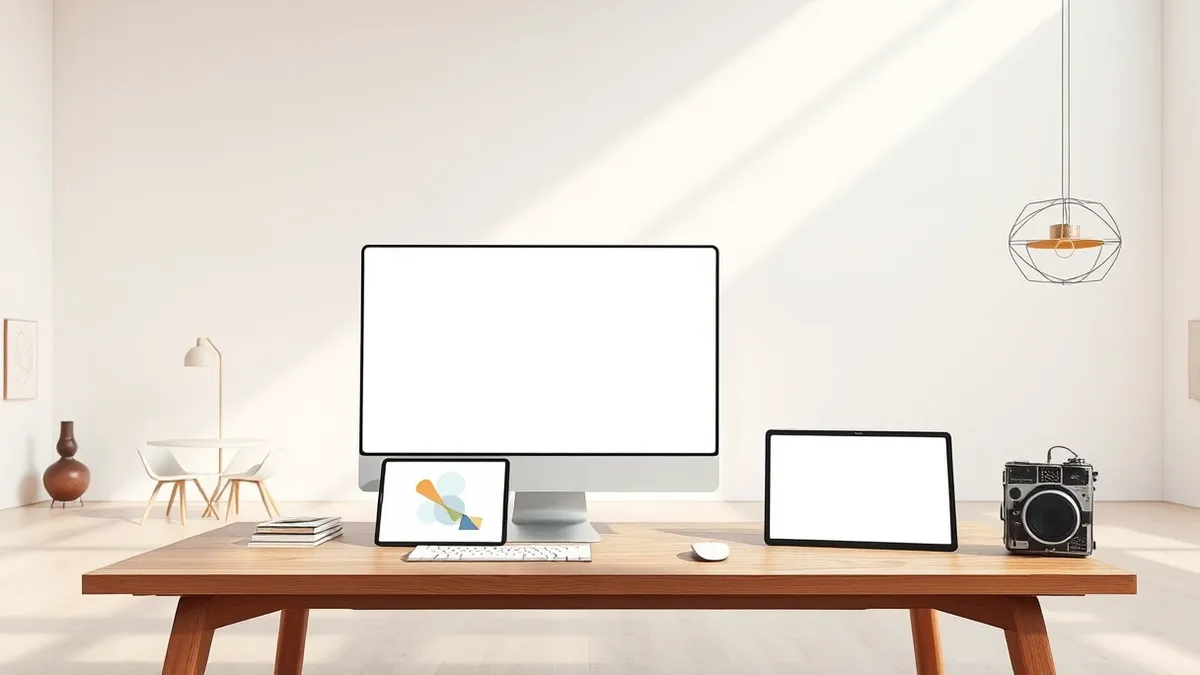 Illustration: A sleek white desktop computer sits beside a tablet on a minimalist wooden table, both displaying blank screens with abstract geometric shapes.