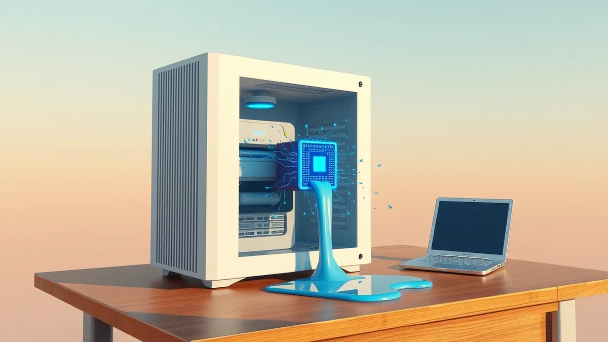 Illustration: A sleek white server tower sits on a wooden desk with its side panel removed.