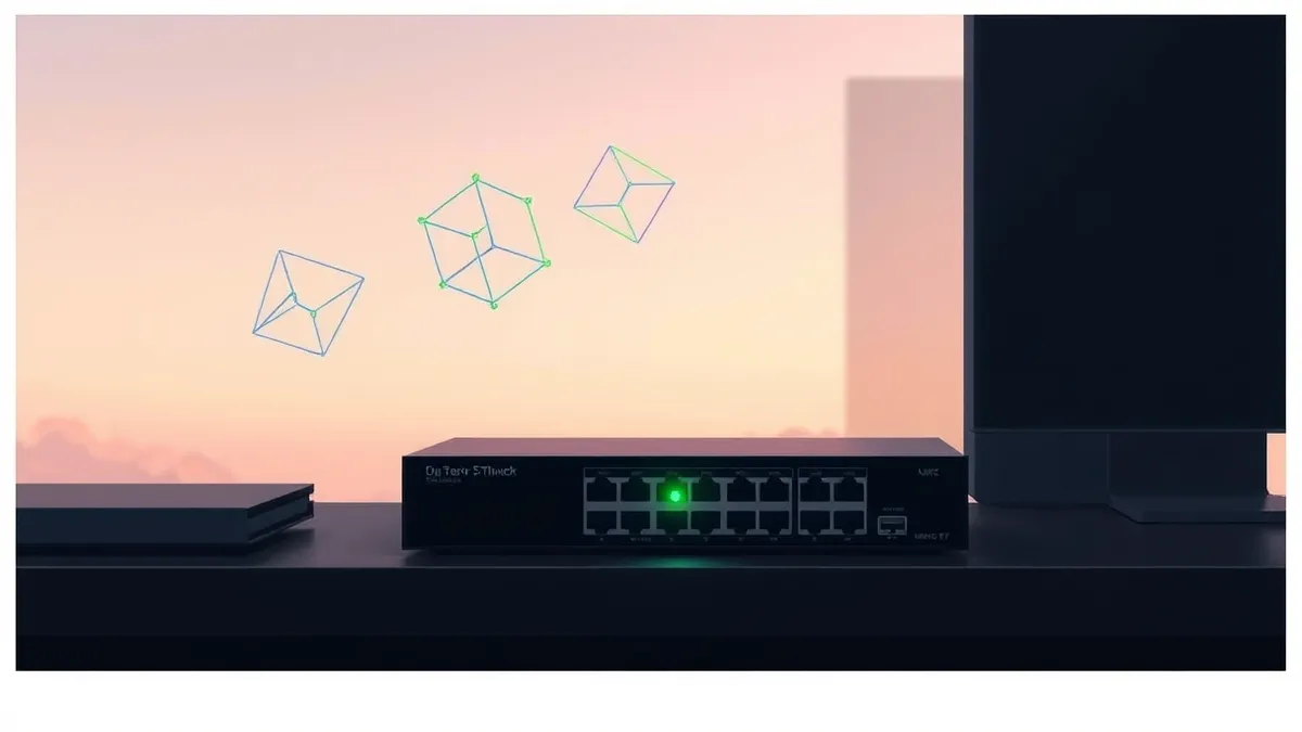 Illustration: A sleek network switch sits on a dark desk, its front panel featuring a single glowing green light.