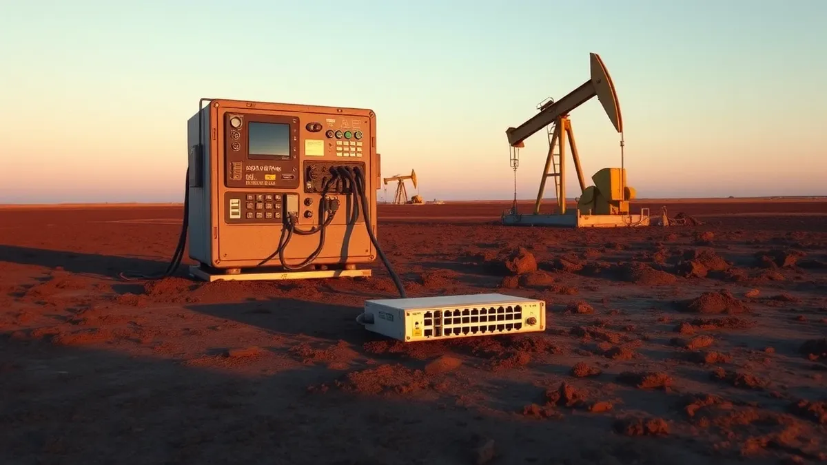 Illustration: A ruggedized field control panel sits on muddy ground near an oil pump jack.