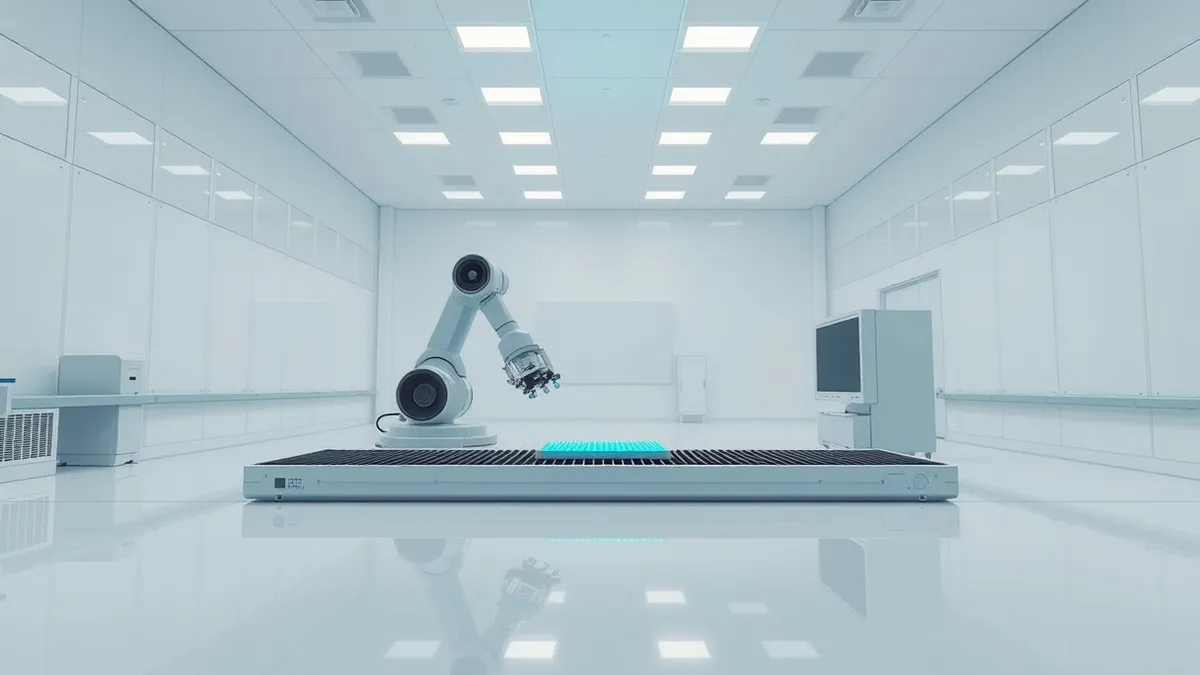 Illustration: A sterile, brightly lit semiconductor cleanroom floor features a robotic arm precisely placing a glowing blue wafer onto a conveyor belt.