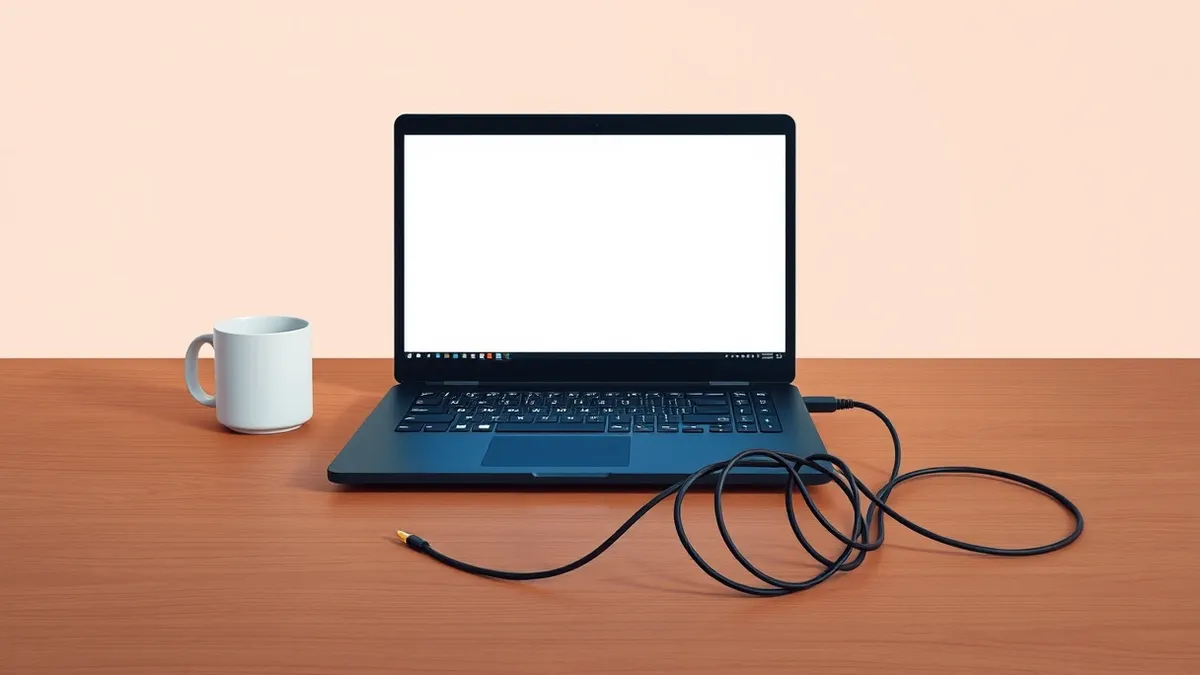 Illustration: A sleek black laptop sits on a desk with its screen displaying a blank terminal window.