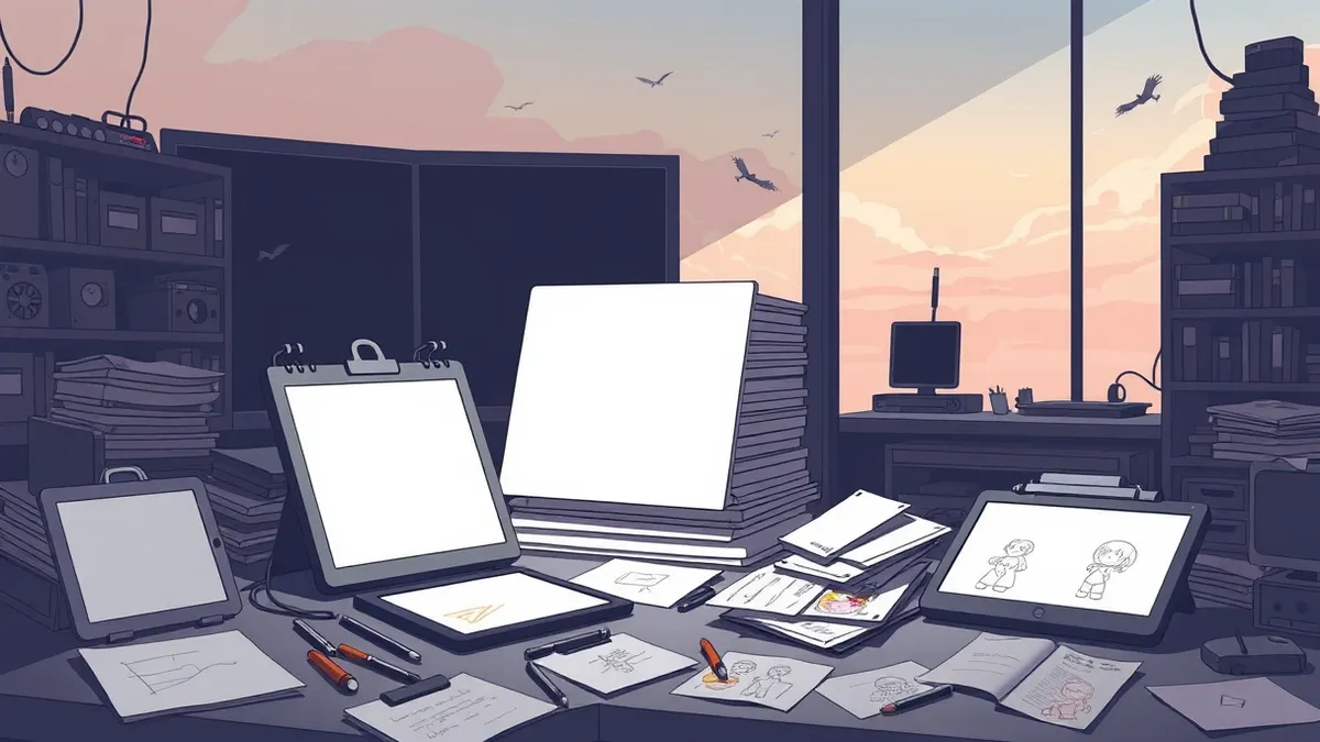 Illustration: A stack of blank animation cels and digital drawing tablets sits on a cluttered workbench, surrounded by scattered sketches of colorful cartoon characters.
