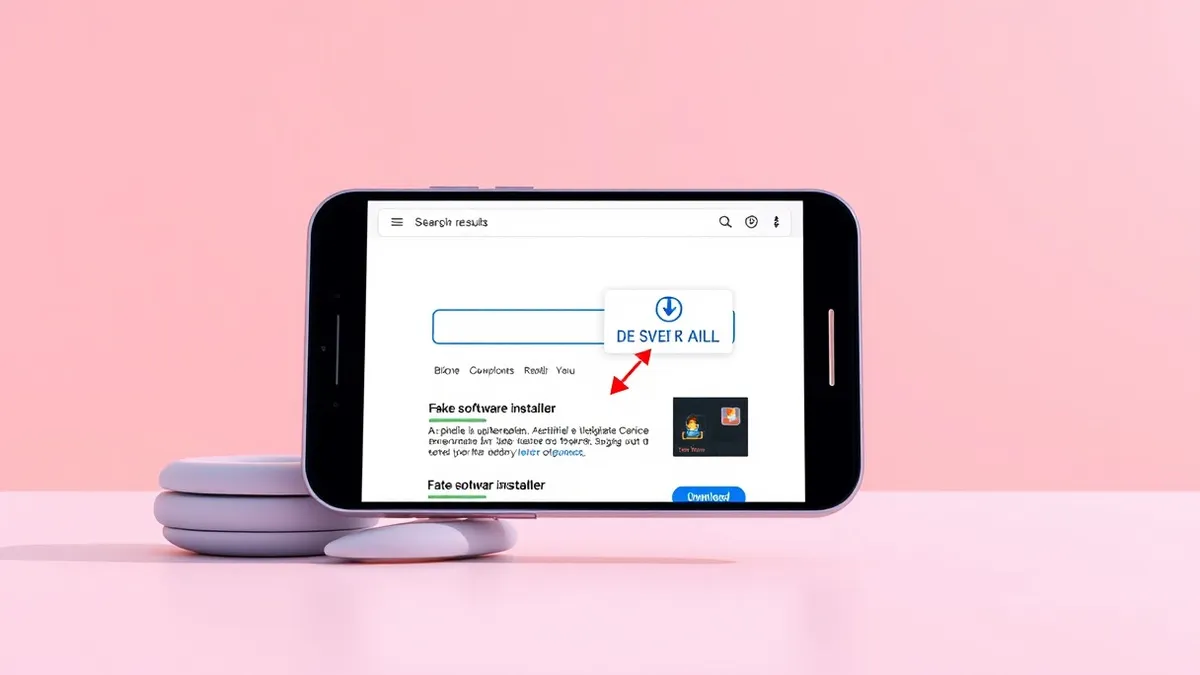 Illustration: A smartphone screen displays a generic search results page with a prominent blue link button.