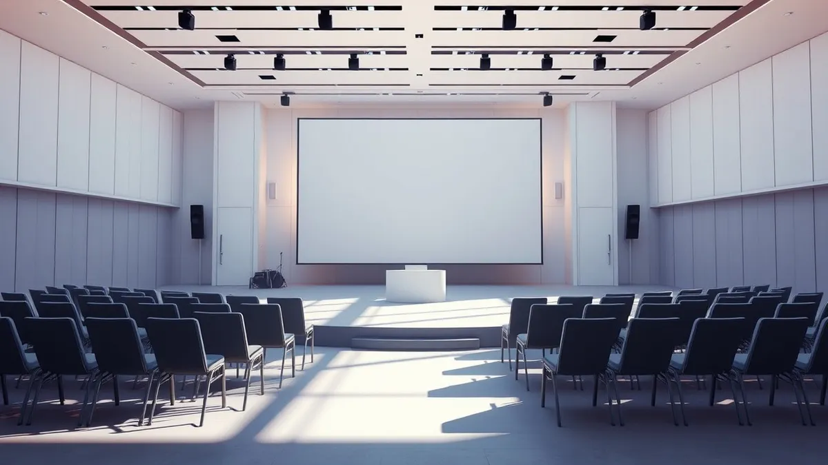 Illustration: A sleek, empty conference stage in a bright hall features a large blank projection screen and rows of unoccupied chairs.