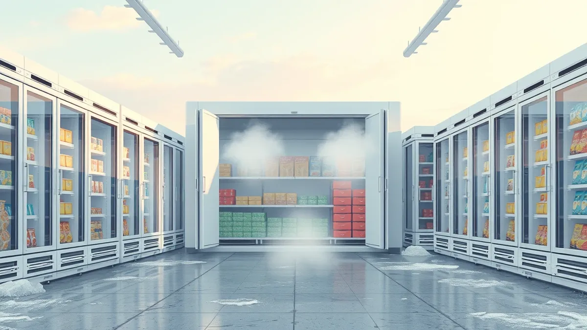 Illustration: A row of commercial supermarket freezers sits inside a dim store aisle.