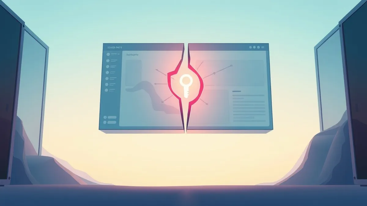 Illustration: A sleek server management dashboard floats in mid-air, its interface displaying abstract geometric shapes.