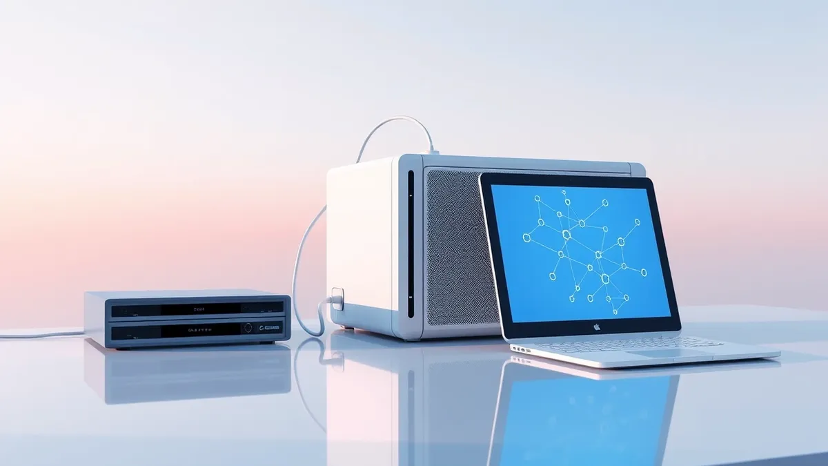 Illustration: A sleek white server unit sits on a polished desk, connected by clean cables to a blank tablet displaying abstract geometric nodes.