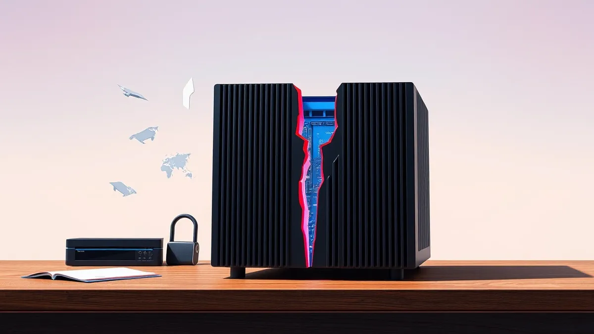 Illustration: A sleek black firewall device sits on a wooden desk.