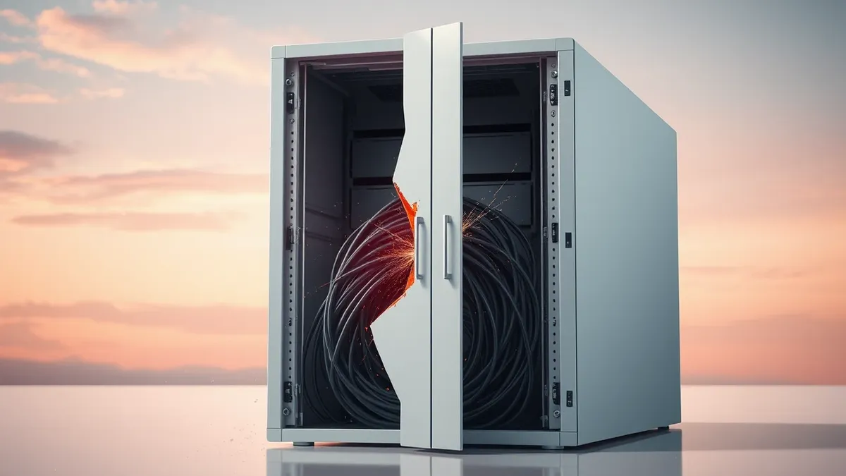 Illustration: A sleek white server rack door lies ajar, revealing tangled black cables inside.