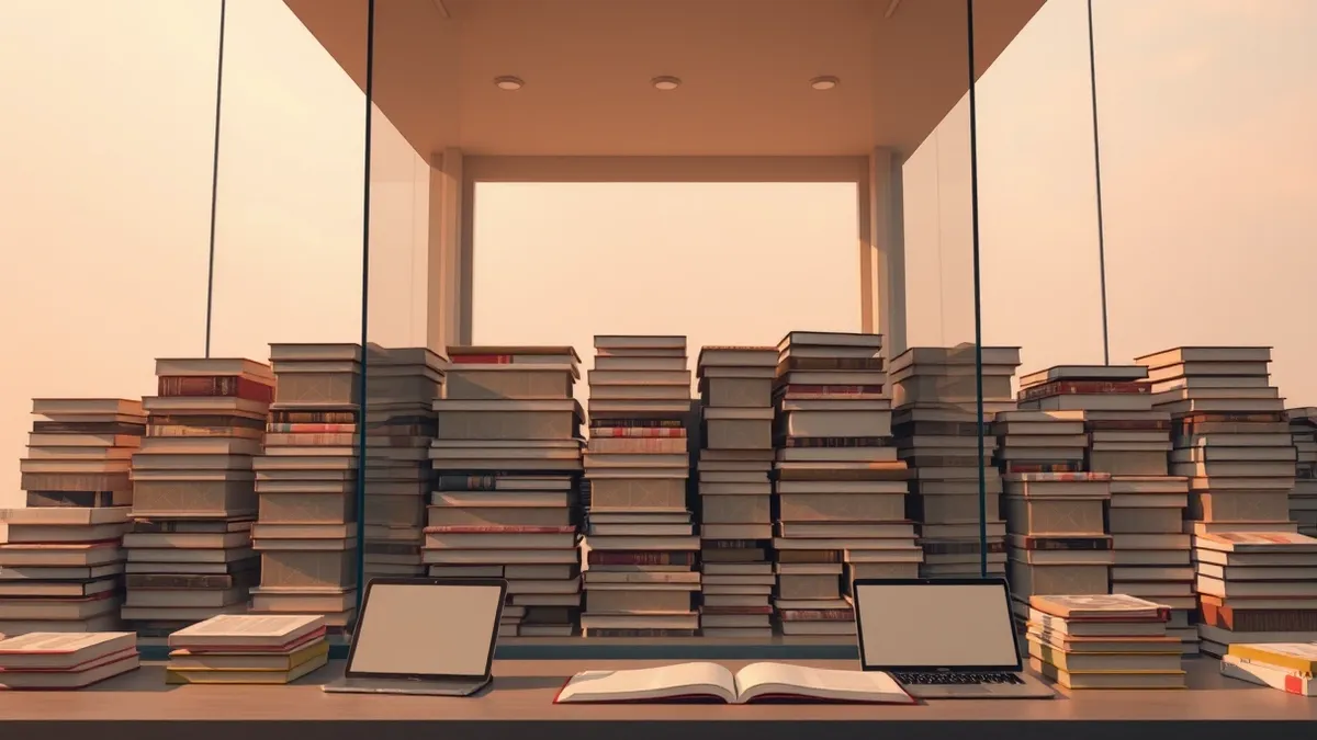 Illustration: A large glass pane reflects rows of stacked books, each cover displaying a unique abstract geometric pattern in muted colors.