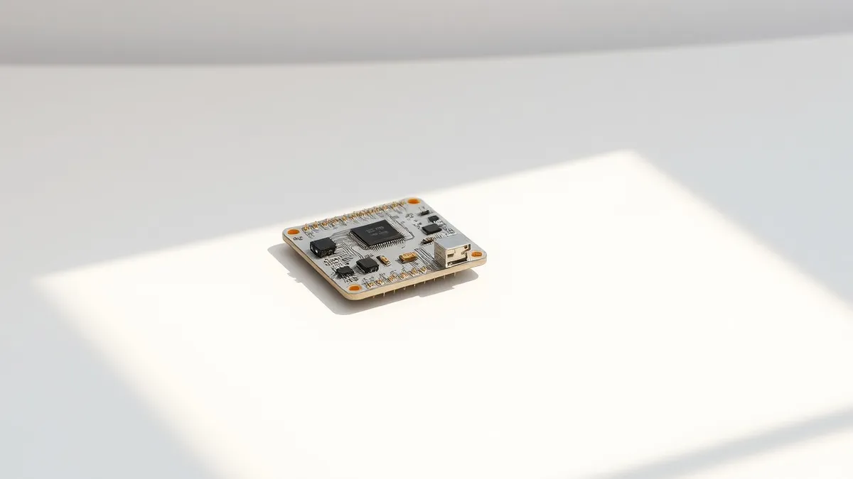 Illustration: A compact silver circuit board rests on a clean white desk, featuring a small microcontroller chip and gold connection pins.