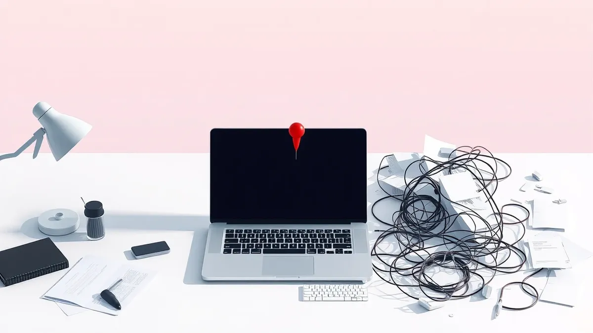 Illustration: A split desk surface shows a sleek laptop on a clean left side and a cluttered, disorganized right side with scattered papers and tangled cables.