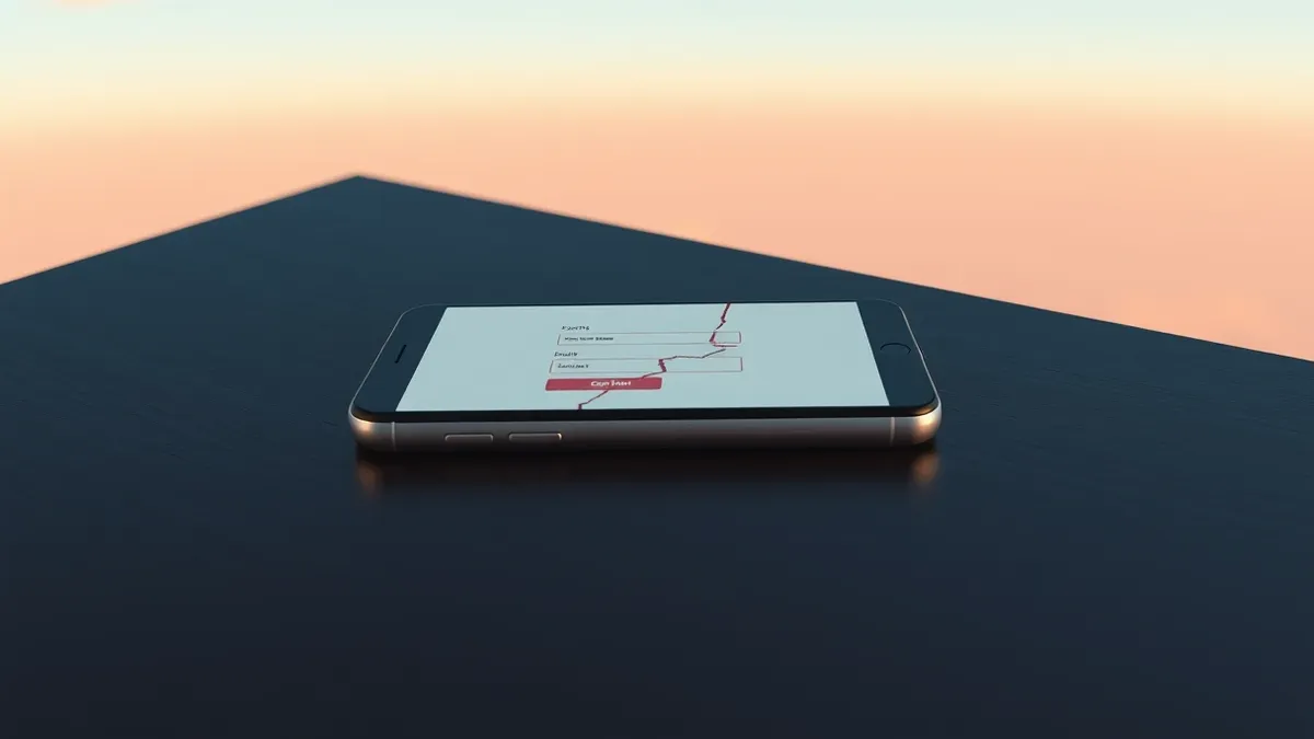 Illustration: A sleek smartphone rests on a dark wooden desk, its screen displaying a clean, blank interface with two empty rectangular input fields and a single button.