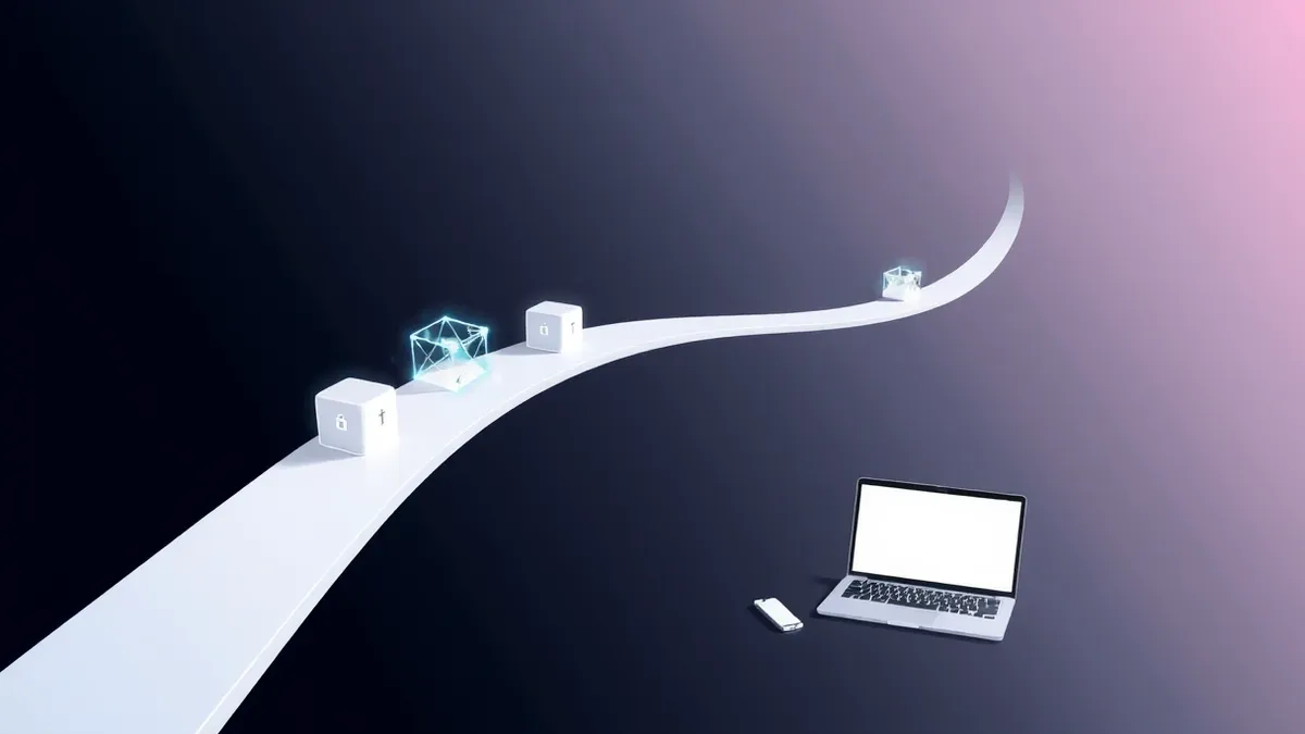Illustration: A sleek, white software deployment pipeline flows across a dark background.