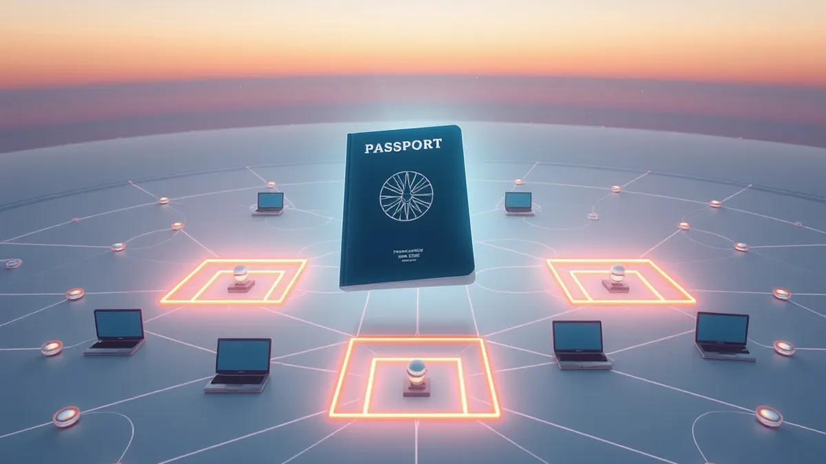 Illustration: A glowing digital passport hovers above a complex network of abstract workflow nodes.