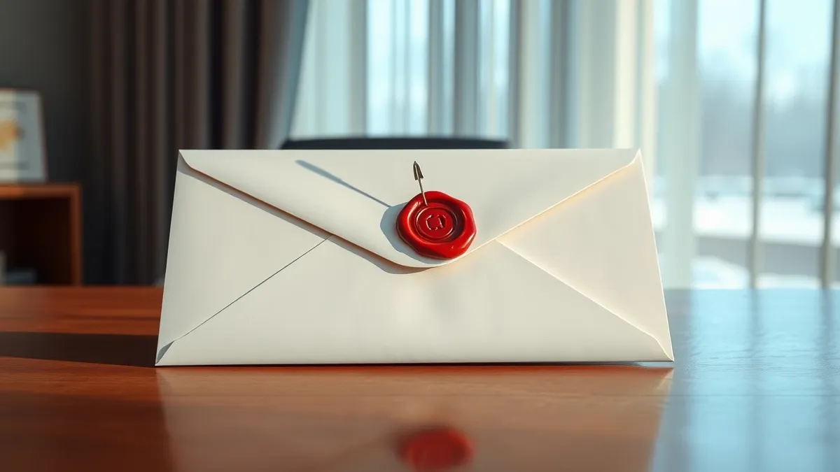 Illustration: A blank envelope rests on a polished wooden desk, sealed with a red wax stamp.