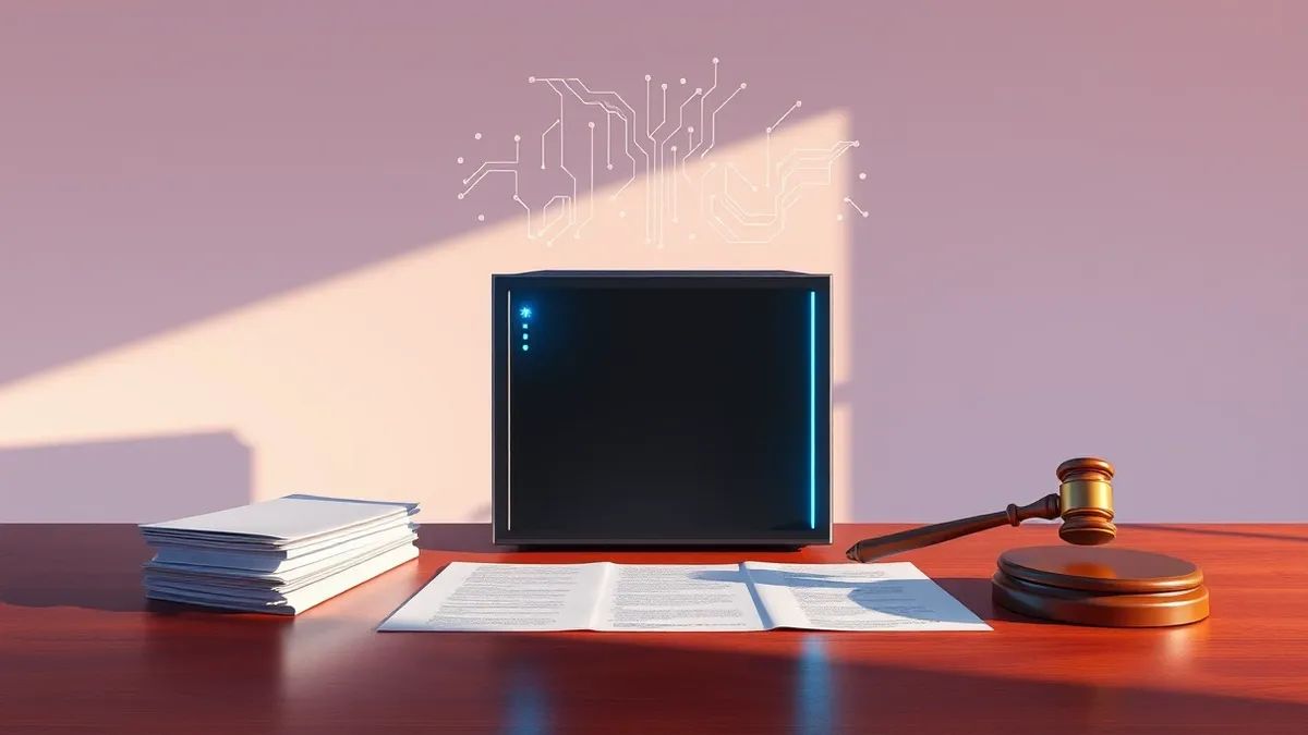 Illustration: A sleek artificial intelligence server unit sits on a polished wooden desk next to a stack of blank legal documents and a brass gavel.