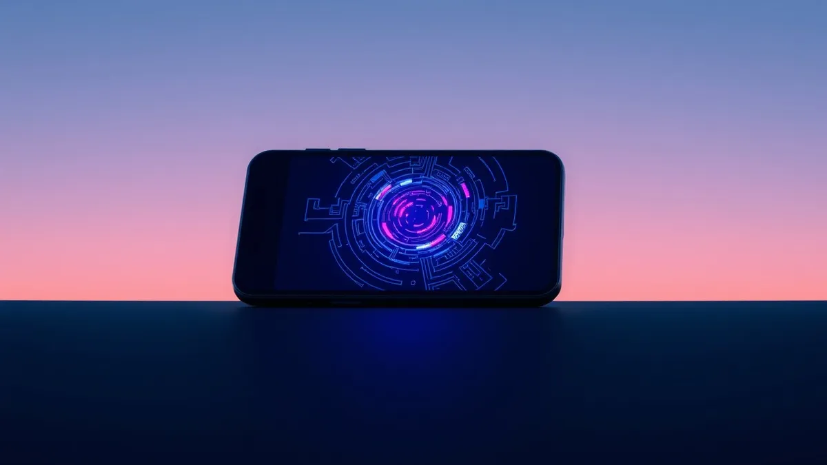 Illustration: A sleek black smartphone rests on a dark surface.