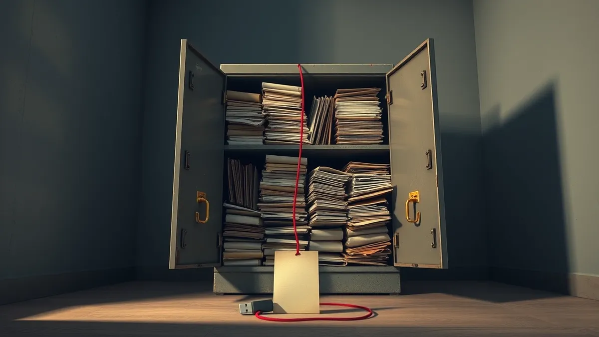Illustration: A dusty metal filing cabinet sits open in a dim archive room, its drawers pulled out to reveal stacks of aged manila folders and brittle paper documents.