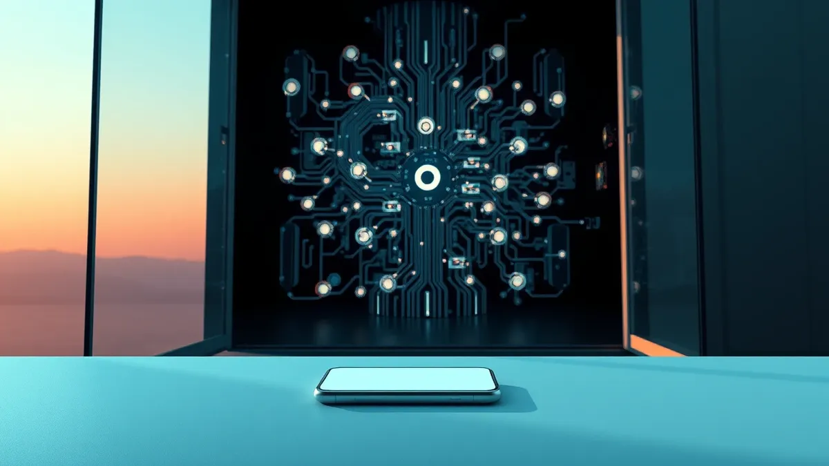 Illustration: A sleek glass door stands partially ajar, revealing a dark, complex room filled with abstract glowing nodes and intricate wireframes.