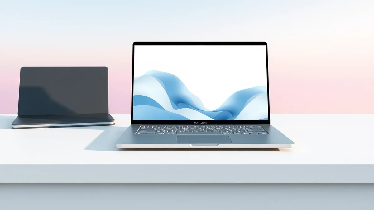 Illustration: A sleek silver laptop sits open on a clean white desk.