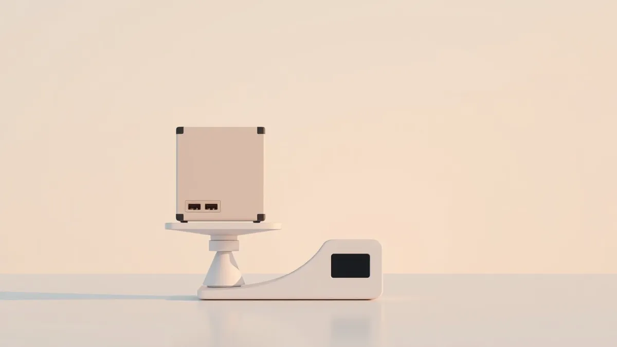 Illustration: A small, lightweight geometric box sits confidently on a digital scale, easily outweighing a much larger, bulky crate beside it.