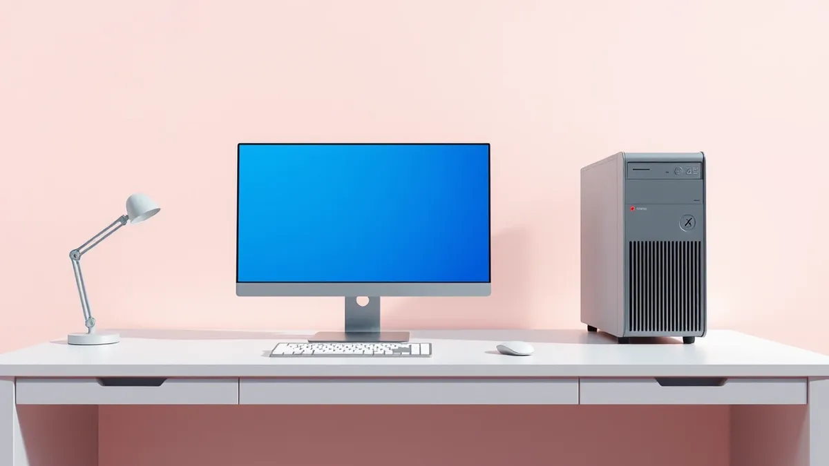 Illustration: A sleek silver desktop computer sits on a clean white desk with its screen displaying a blank blue interface.