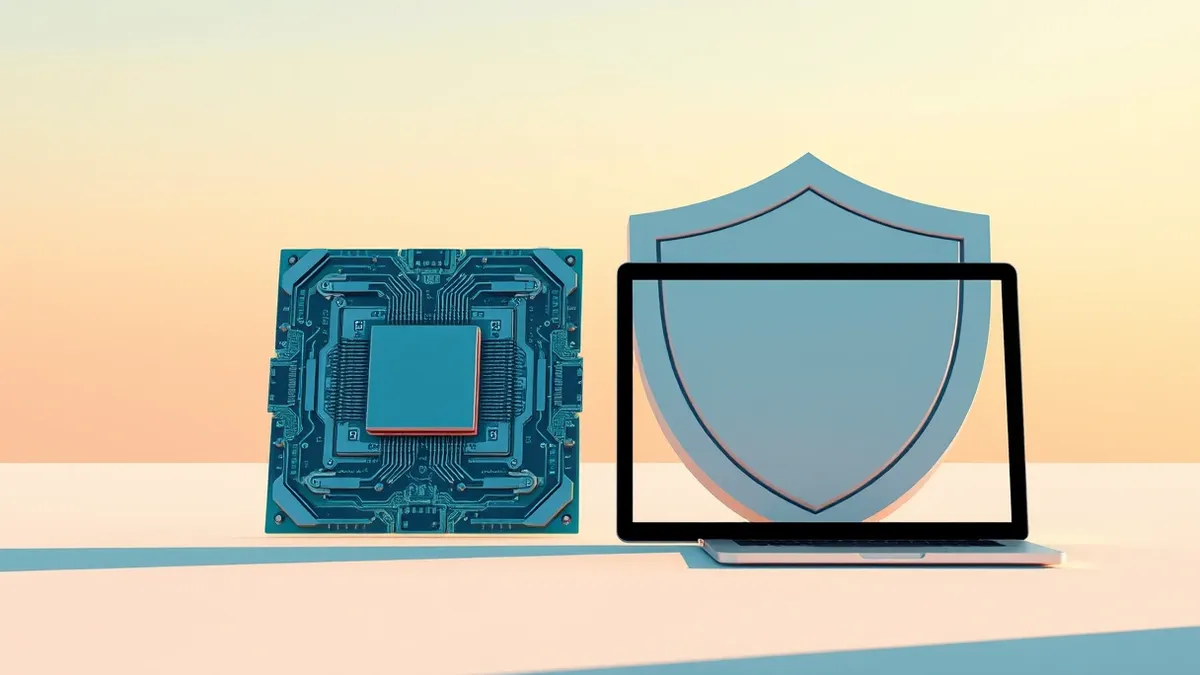Illustration: A sleek quantum processor sits beside a digital shield made of interlocking geometric plates.