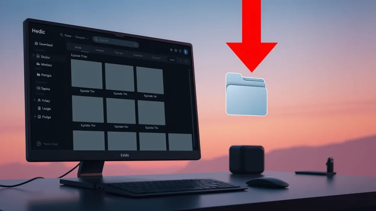 Illustration: A sleek media download manager interface sits on a dark desktop, displaying only blank grey placeholder boxes where episode titles would be.