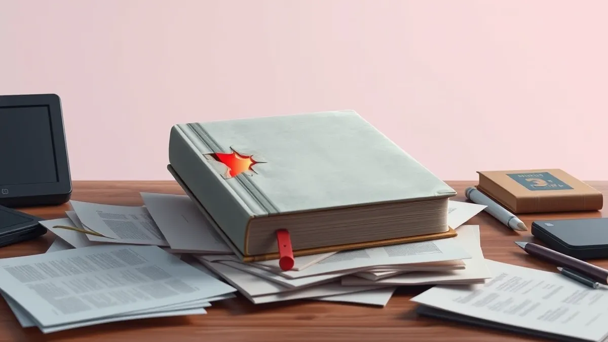 Illustration: A solitary, slightly worn book with a plain white cover sits on a cluttered wooden desk.