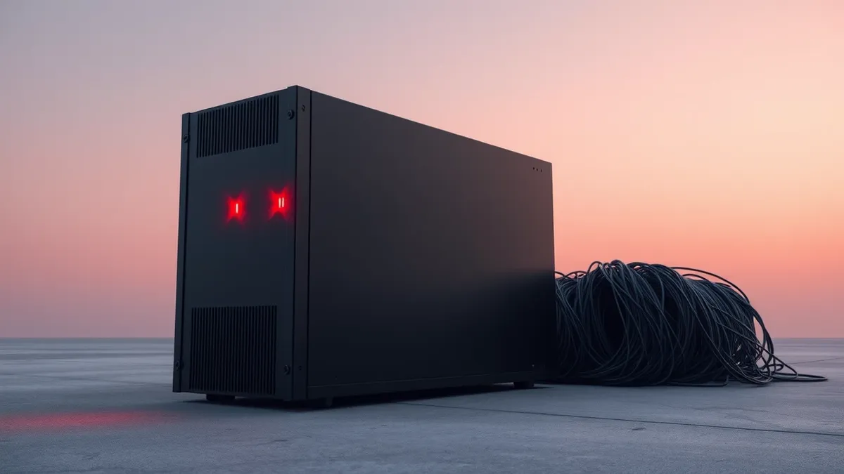 Illustration: A sleek black network appliance sits on a concrete floor with a single red warning light pulsing on its front panel.