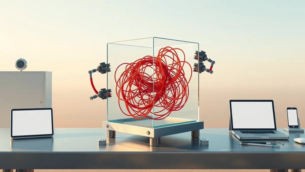 Illustration: A translucent glass cube sits on a clean metal workbench, containing tangled red wires that twist and knot inside.