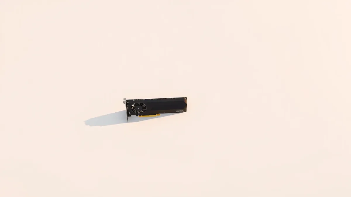 Illustration: A solitary computer graphics card rests on a clean white surface.