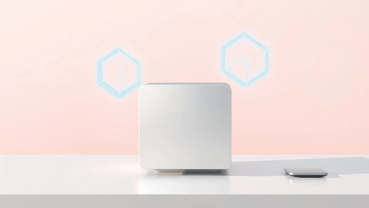 Illustration: A sleek silver cube sits on a white desk, its smooth surface reflecting soft ambient light.