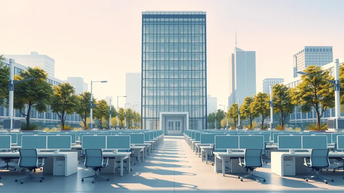 Illustration: A sleek glass office building stands at a busy downtown intersection, its entrance flanked by modern planters.