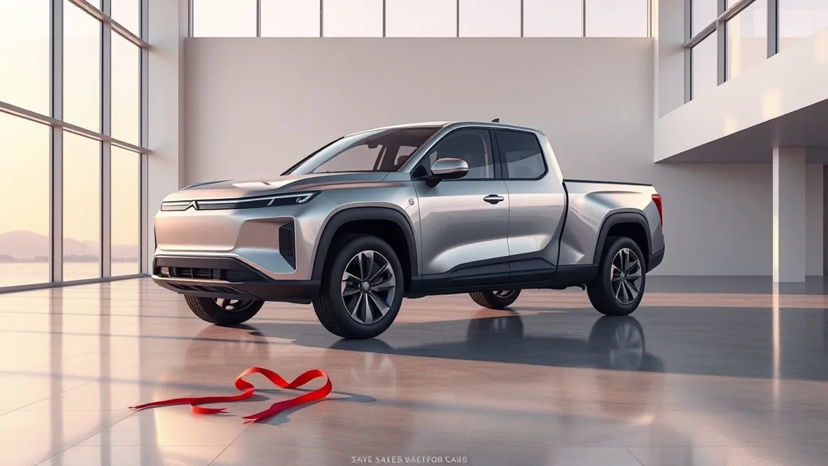 Illustration: A sleek silver electric pickup truck sits in the center of a bright modern showroom.