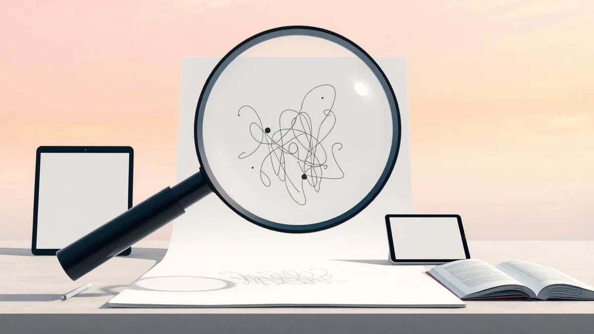 Illustration: A magnifying glass hovers over a blank white sheet of paper, revealing faint, chaotic abstract scribbles hidden beneath the clean surface lines.